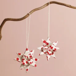 Afroart Set Of 2 White And Red Polka Dot Folded Star Hanging Decorations