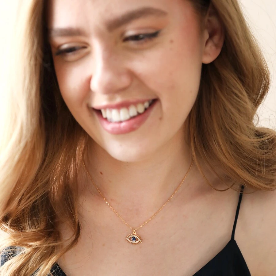 Blue Crystal Eye Pendant Necklace In Gold 6 Blue Crystal Eye Pendant Necklace In Gold - Image 4