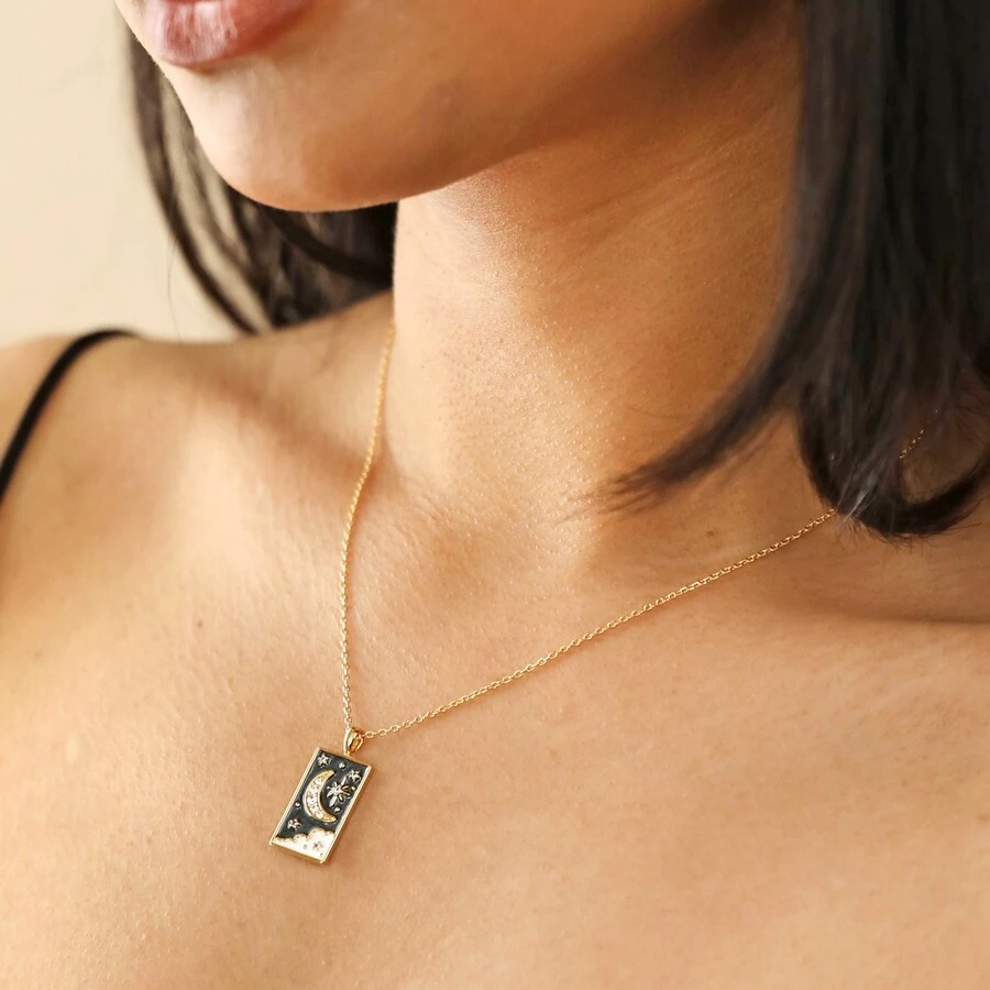 Crystal Enamel Moon Tarot Card Necklace In Gold 4 Crystal Enamel Moon Tarot Card Necklace In Gold - Image 2