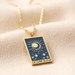 Enamel Blue Moon Tarot Card Pendant Necklace In Gold