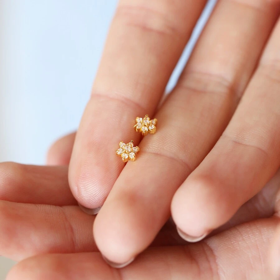 Gold Sterling Silver Crystal Flower Stud Earrings 6 Gold Sterling Silver Crystal Flower Stud Earrings - Image 4
