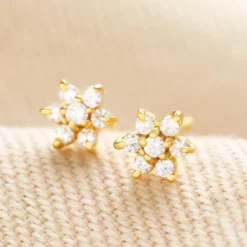 Gold Sterling Silver Crystal Flower Stud Earrings