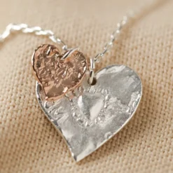 Mixed Metal Hammered Double Heart Pendant Necklace In Silver