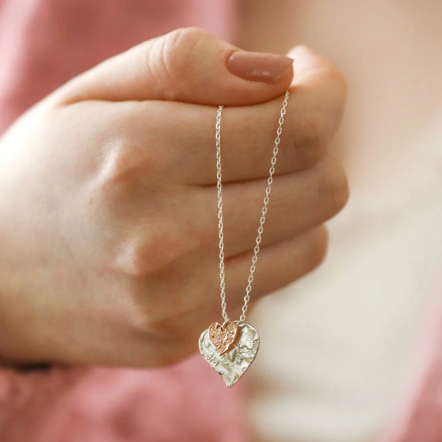 Mixed Metal Hammered Double Heart Pendant Necklace In Silver 4 Mixed Metal Hammered Double Heart Pendant Necklace In Silver - Image 2