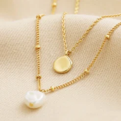 Pearl And Disc Layered Pendant Necklace In Gold