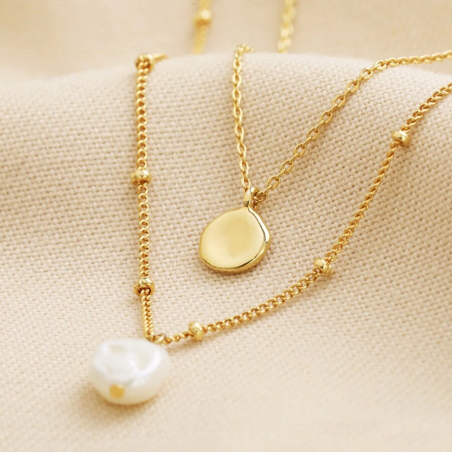 Pearl And Disc Layered Pendant Necklace In Gold 3 Pearl And Disc Layered Pendant Necklace In Gold