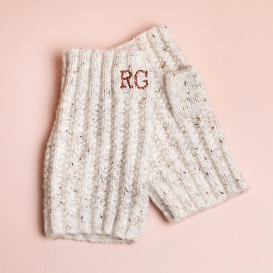 Personalised Embroidered Knitted Hand Warmers In Marled Cream 4 Personalised Embroidered Knitted Hand Warmers In Marled Cream - Image 2