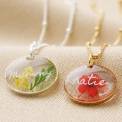 Personalised Engraved Pressed Birth Flower Pendant Necklace