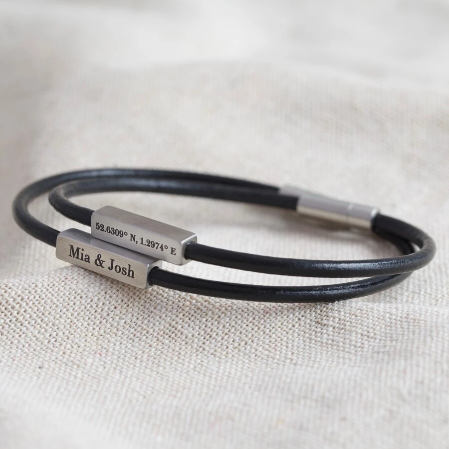 Men's Personalised Leather Cord And Bar Bracelet In Black 4 Men's Personalised Leather Cord And Bar Bracelet In Black - Image 2