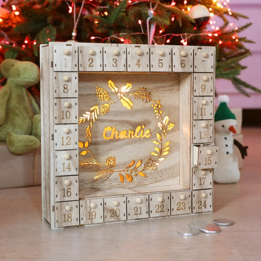 Personalised Fill Your Own Wooden Wreath Advent Calendar Light Box 4 Personalised Fill Your Own Wooden Wreath Advent Calendar Light Box - Image 2