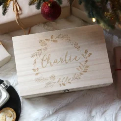 Personalised Wreath Wooden Christmas Hamper Box
