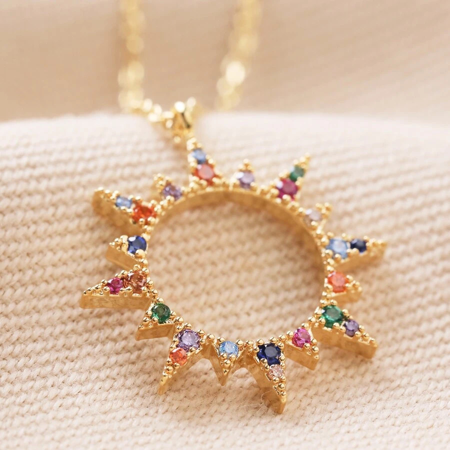 Rainbow Crystal Sunburst Pendant Necklace In Gold 3 Rainbow Crystal Sunburst Pendant Necklace In Gold
