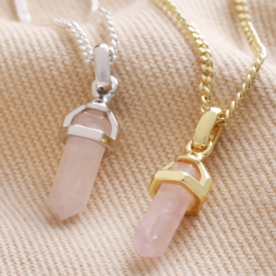 Rose Quartz Crystal Point Pendant Necklace In Gold 7 Rose Quartz Crystal Point Pendant Necklace In Gold - Image 5