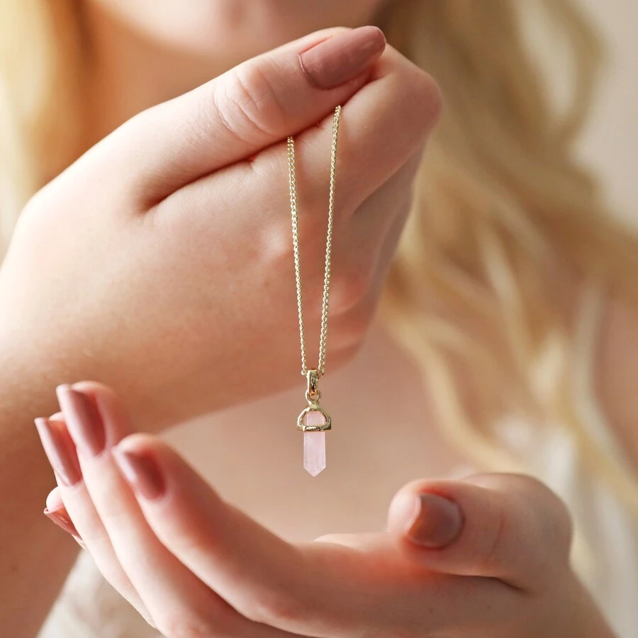 Rose Quartz Crystal Point Pendant Necklace In Gold 4 Rose Quartz Crystal Point Pendant Necklace In Gold - Image 2