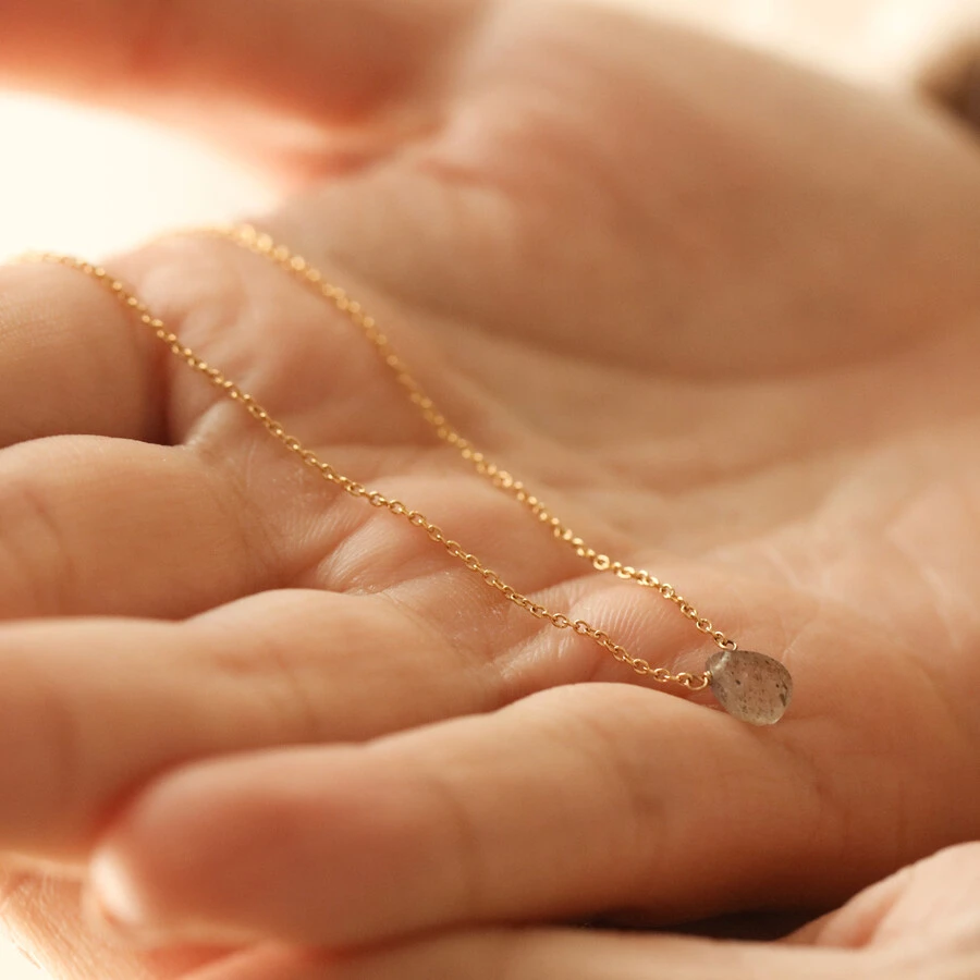 Semi-Precious Grey Labradorite Stone Teardrop Pendant Necklace In Gold 5 Semi-Precious Grey Labradorite Stone Teardrop Pendant Necklace In Gold - Image 3
