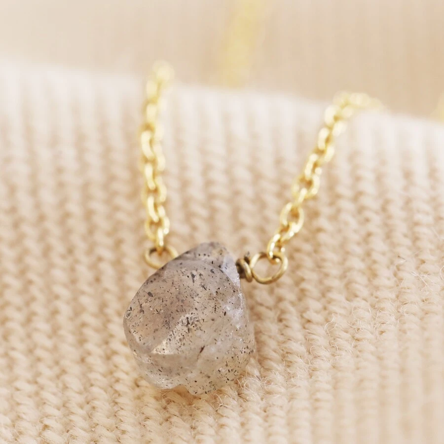 Semi-Precious Grey Labradorite Stone Teardrop Pendant Necklace In Gold 3 Semi-Precious Grey Labradorite Stone Teardrop Pendant Necklace In Gold
