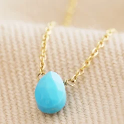 Semi-Precious Turquoise Stone Teardrop Pendant Necklace In Gold
