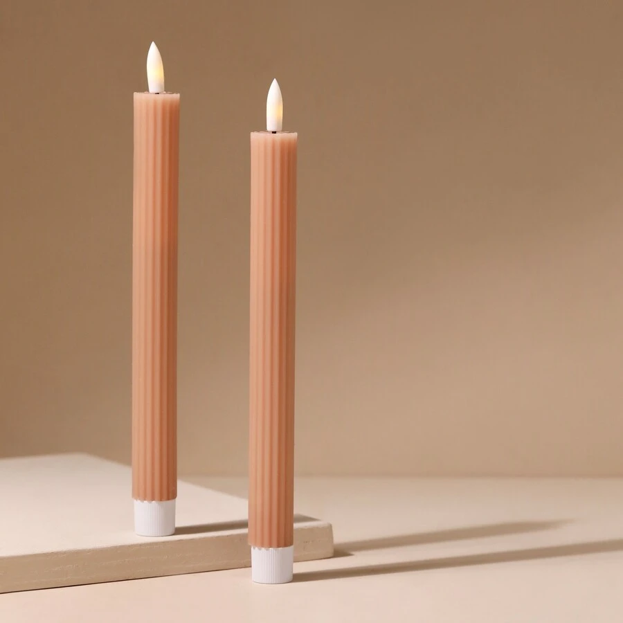 Set Of Two Pink Ribbed Wax LED Dinner Candles 4 Set Of Two Pink Ribbed Wax LED Dinner Candles - Image 2