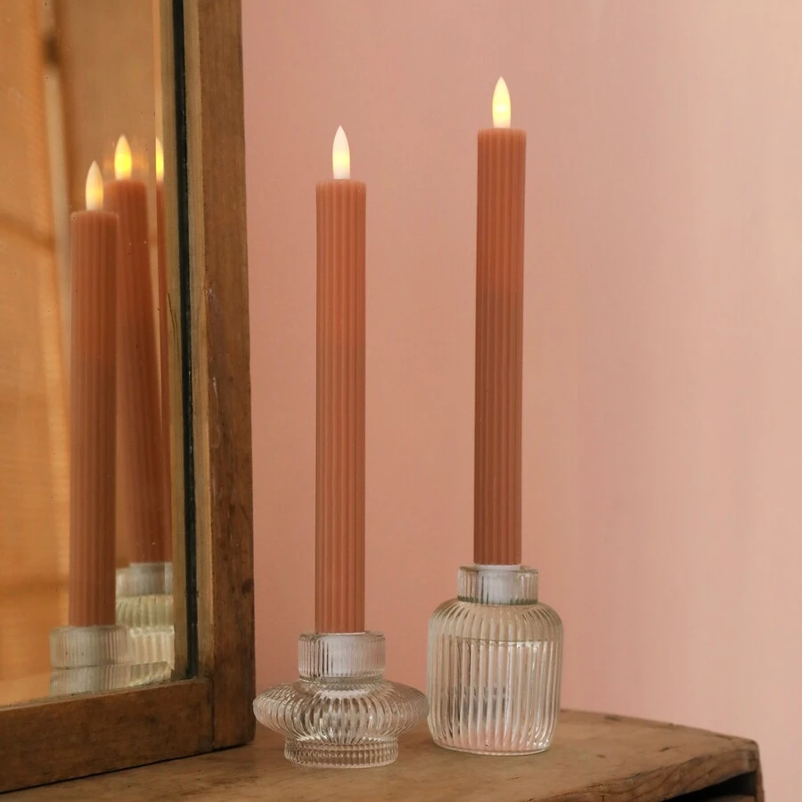 Set Of Two Pink Ribbed Wax LED Dinner Candles 3 Set Of Two Pink Ribbed Wax LED Dinner Candles