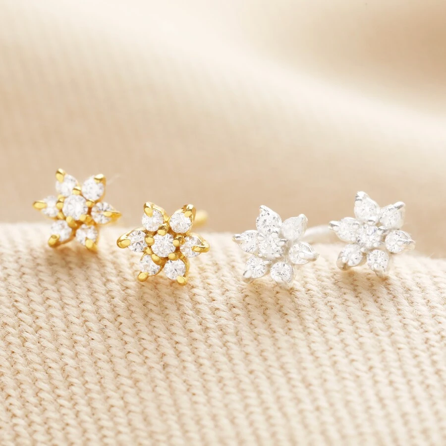 Gold Sterling Silver Crystal Flower Stud Earrings 7 Gold Sterling Silver Crystal Flower Stud Earrings - Image 5